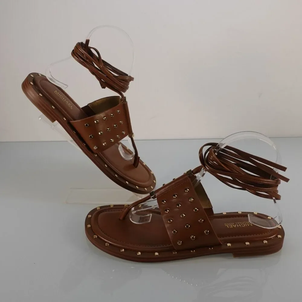 Women's Michael Kors Jagger Flat Sandal Luggage Tan Gold Studded Size 7.5 New